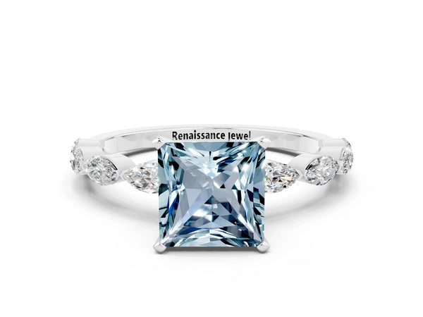 Silver Princess Cut Aquamarine Ring with Marquise Side Stones and Prong Setting