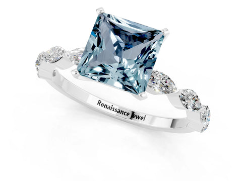 White gold Princess Cut Aquamarine Ring with Marquise Side Stones and Prong Setting_1