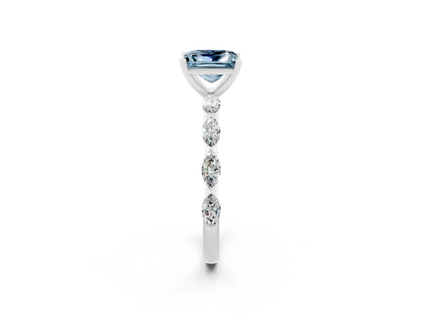 Platinum Princess Cut Aquamarine Ring with Marquise Side Stones and Prong Setting