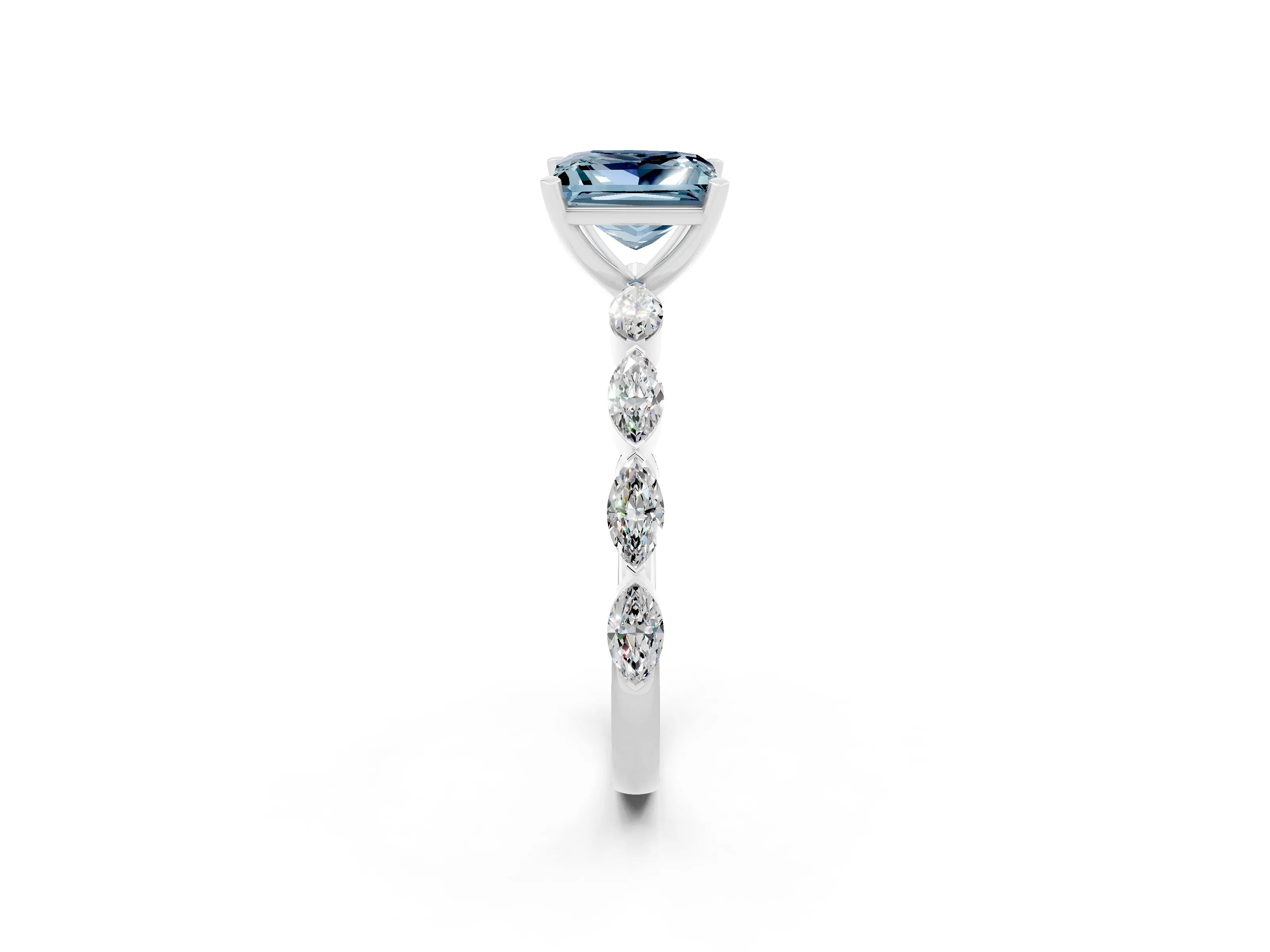 White gold Princess Cut Aquamarine Ring with Marquise Side Stones and Prong Setting_2