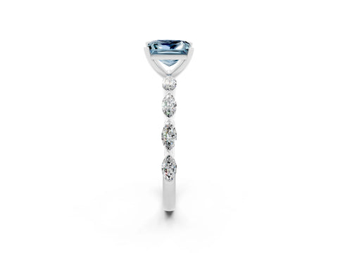 White gold Princess Cut Aquamarine Ring with Marquise Side Stones and Prong Setting_2