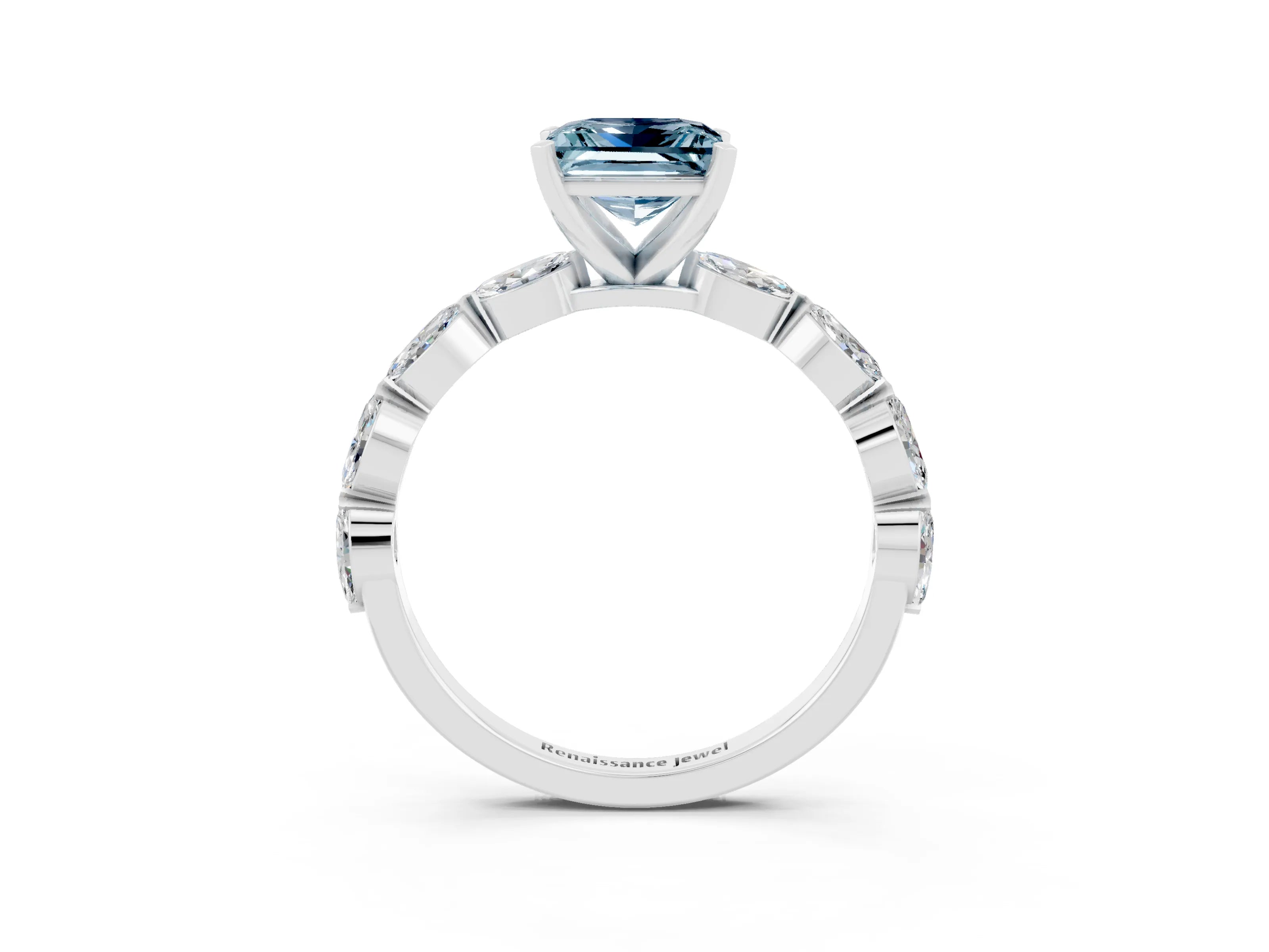 White gold Princess Cut Aquamarine Ring with Marquise Side Stones and Prong Setting_3