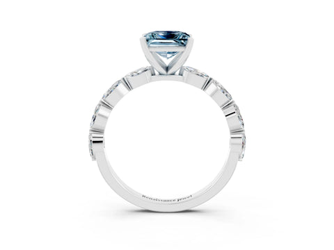 White gold Princess Cut Aquamarine Ring with Marquise Side Stones and Prong Setting_3