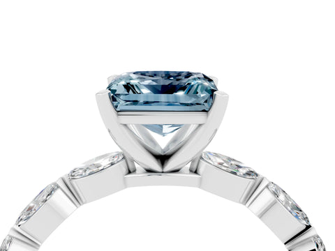 White gold Princess Cut Aquamarine Ring with Marquise Side Stones and Prong Setting_4