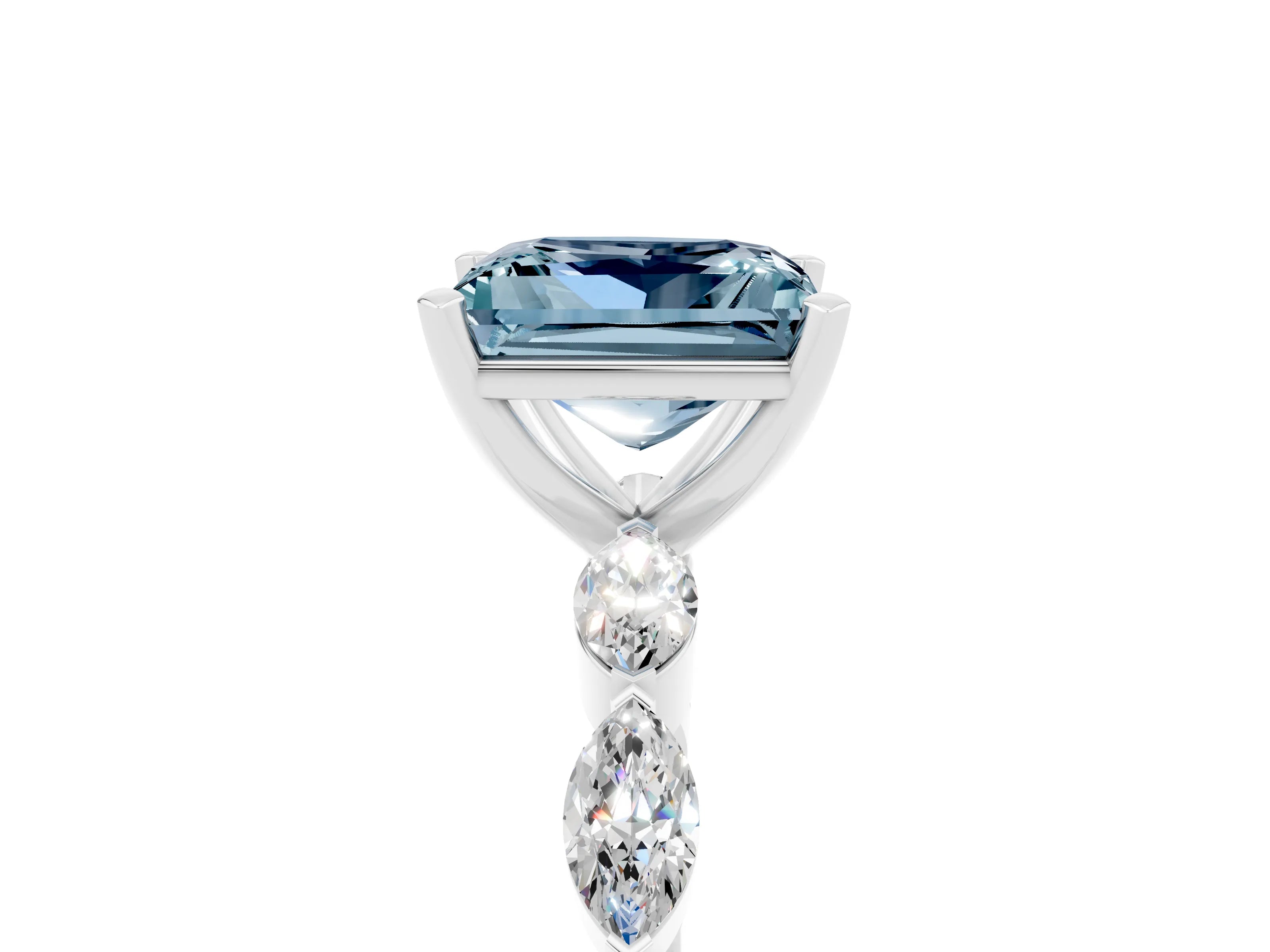 White gold Princess Cut Aquamarine Ring with Marquise Side Stones and Prong Setting_5