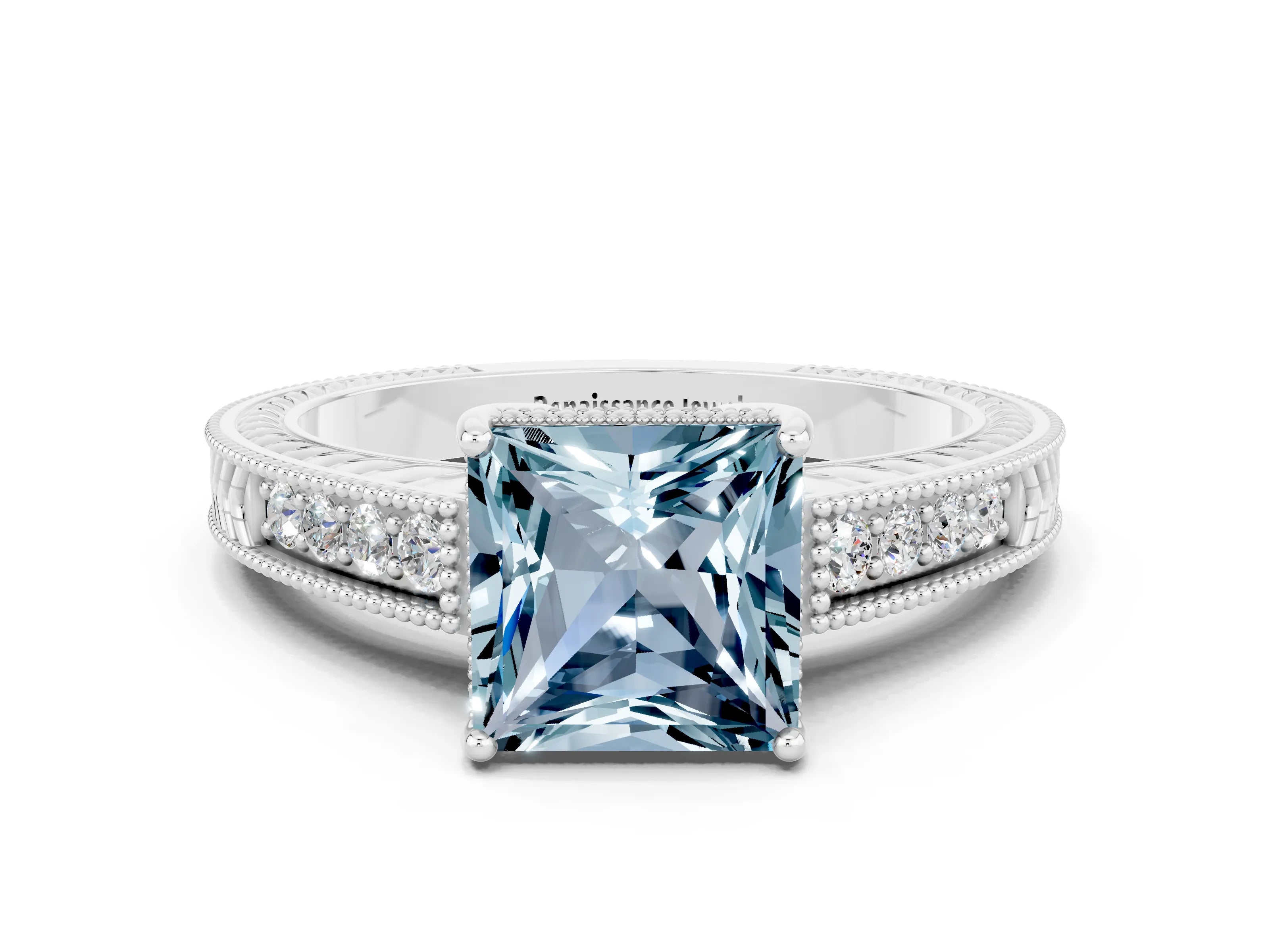 White gold Princess Cut Aquamarine Ring with Milgrain Pavé Band and Four-Prong Setting_12
