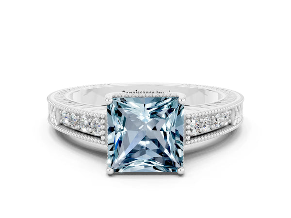 Silver Princess Cut Aquamarine Ring with Milgrain Pavé Band and Four-Prong Setting
