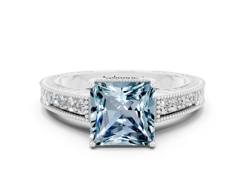 White gold Princess Cut Aquamarine Ring with Milgrain Pavé Band and Four-Prong Setting_12