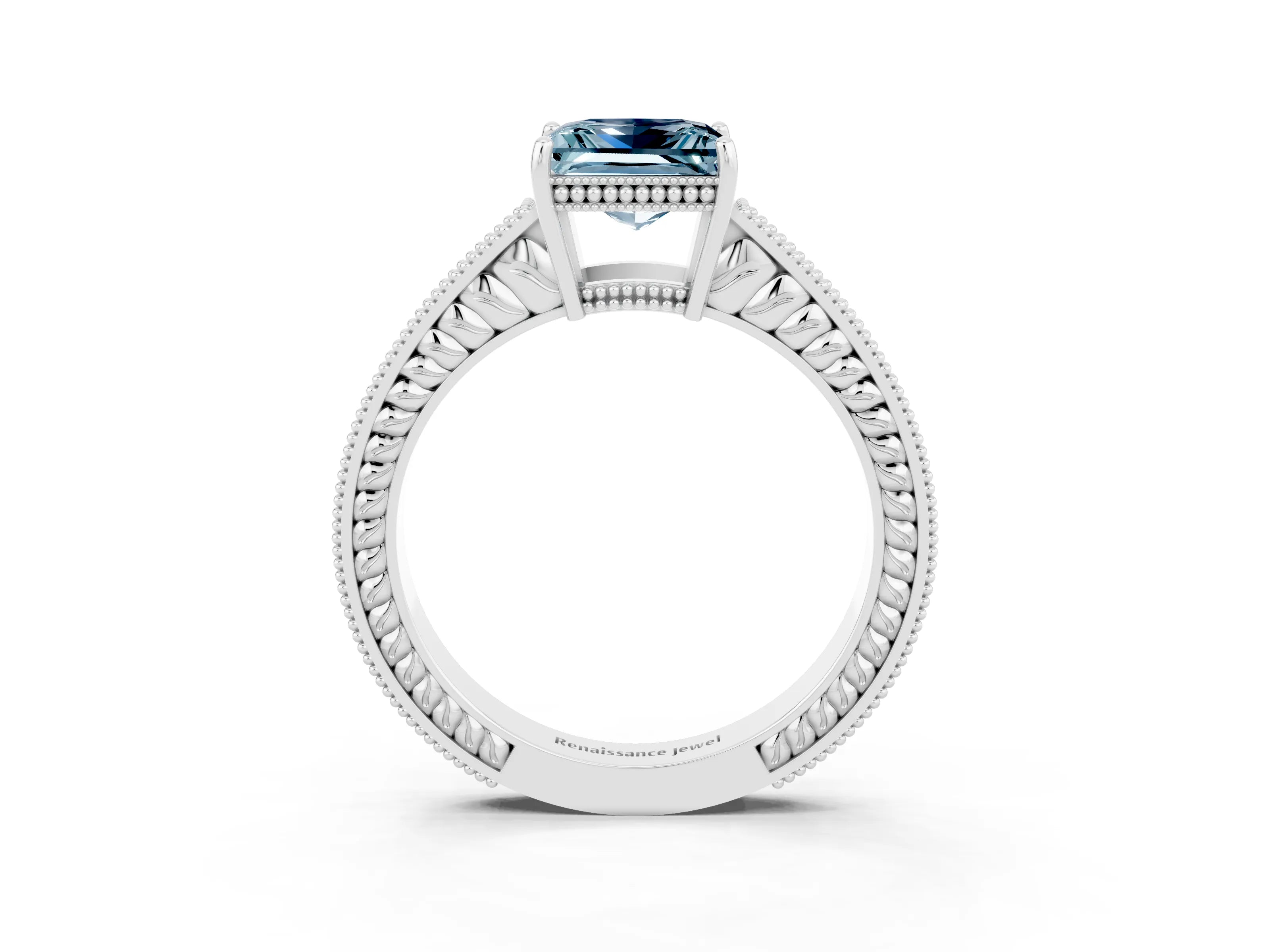 White gold Princess Cut Aquamarine Ring with Milgrain Pavé Band and Four-Prong Setting_15
