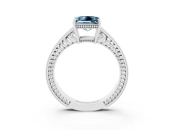 White gold Princess Cut Aquamarine Ring with Milgrain Pavé Band and Four-Prong Setting