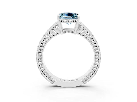 White gold Princess Cut Aquamarine Ring with Milgrain Pavé Band and Four-Prong Setting_15