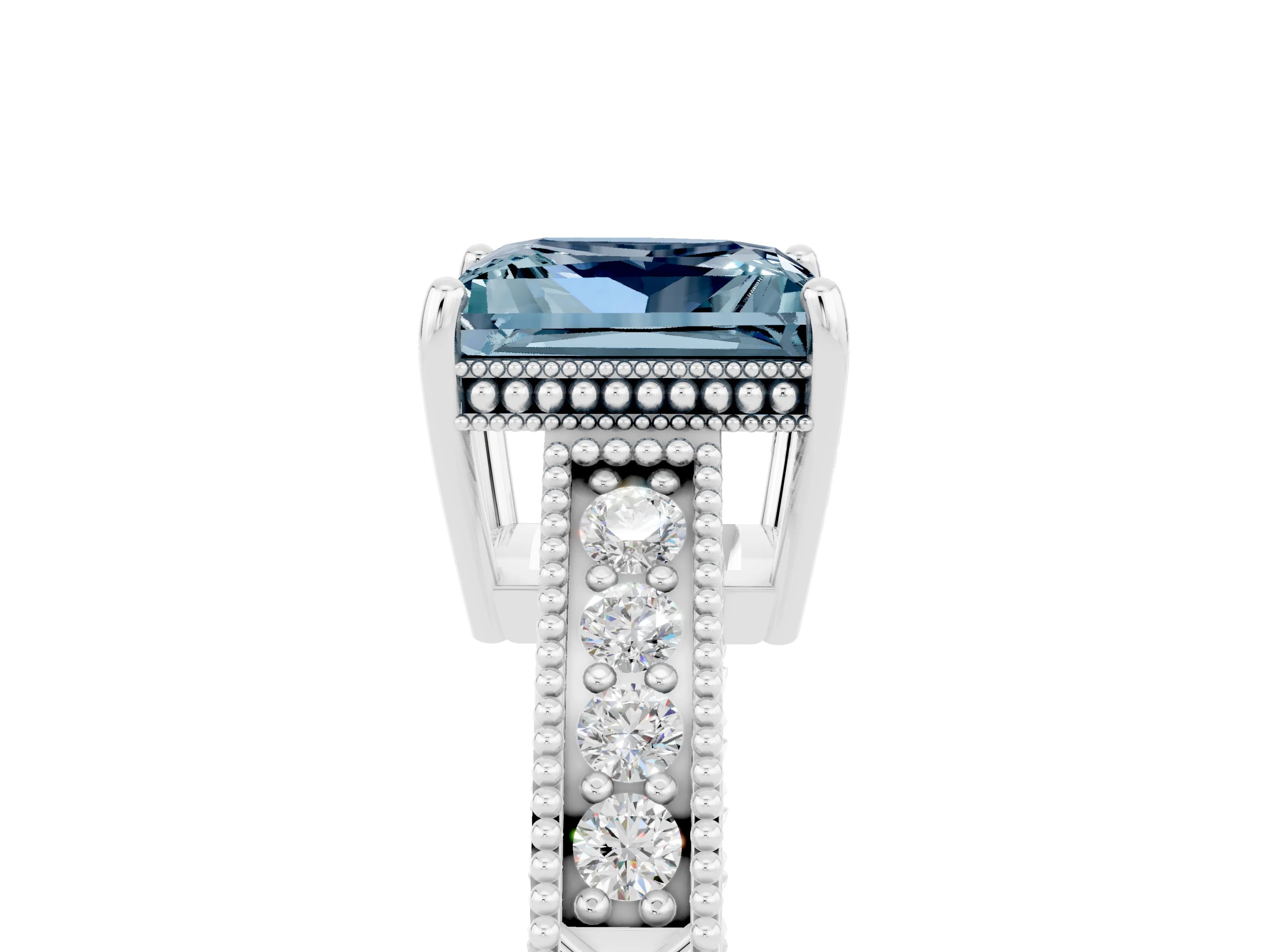 White gold Princess Cut Aquamarine Ring with Milgrain Pavé Band and Four-Prong Setting_17