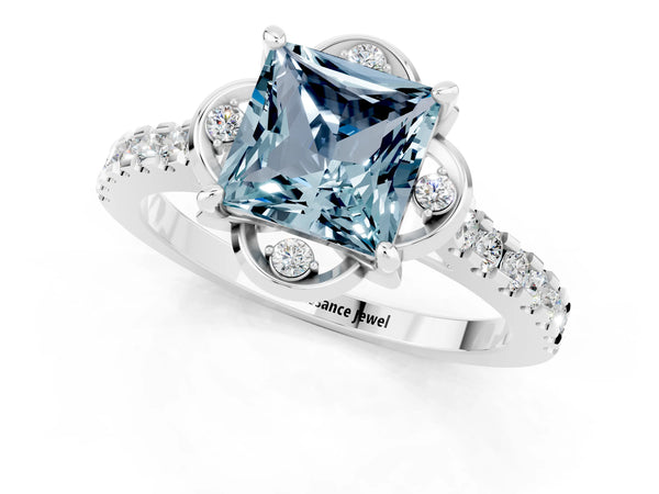 Silver Princess Cut Aquamarine Ring with Pavé Band and Floral Prong Setting