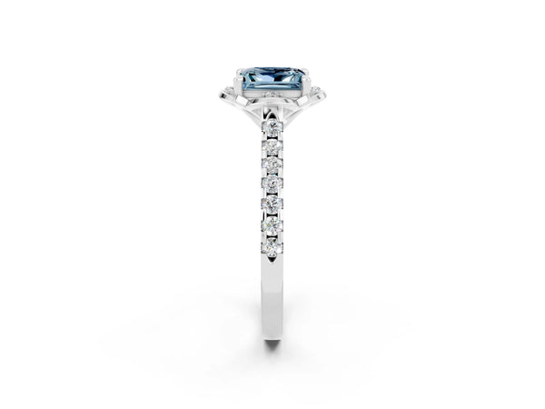 Platinum Princess Cut Aquamarine Ring with Pavé Band and Floral Prong Setting