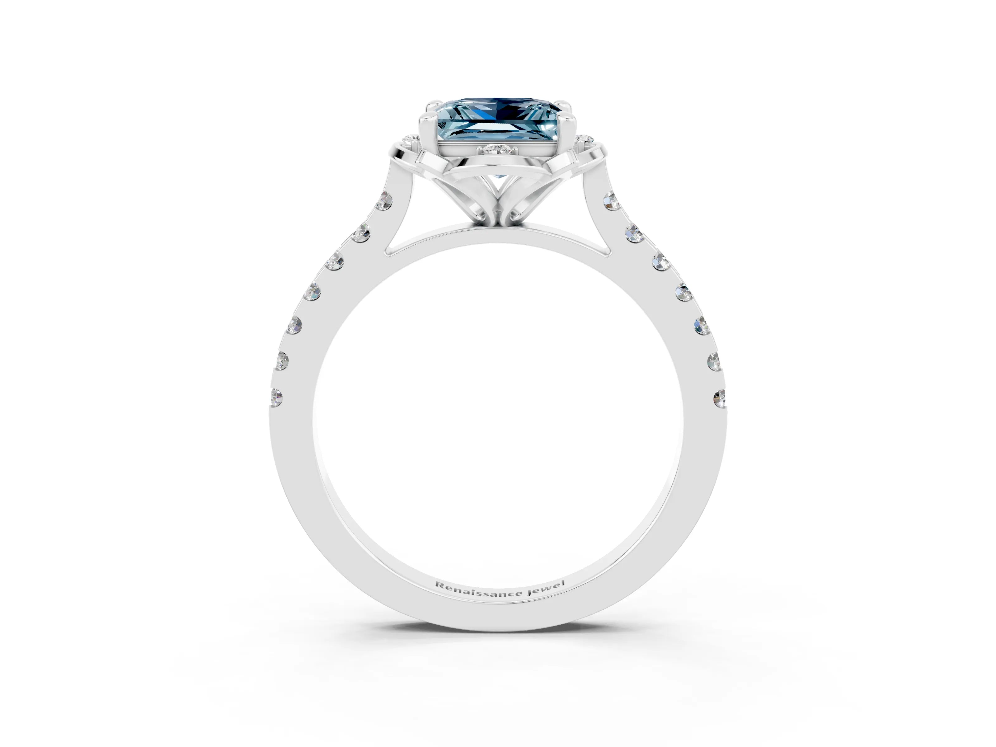 White gold Princess Cut Aquamarine Ring with Pavé Band and Floral Prong Setting_3