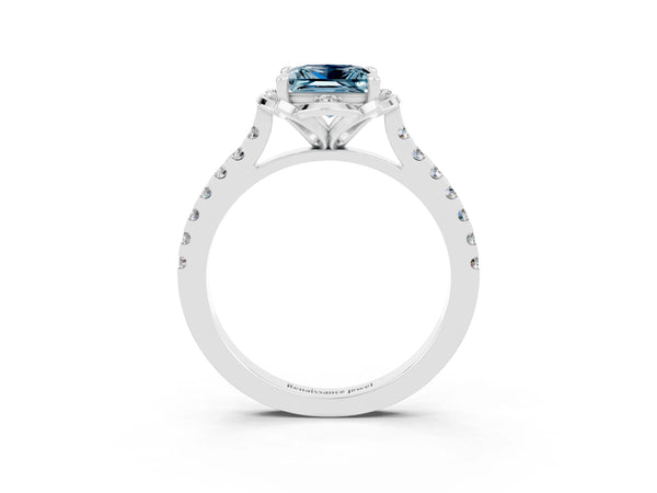Silver Princess Cut Aquamarine Ring with Pavé Band and Floral Prong Setting