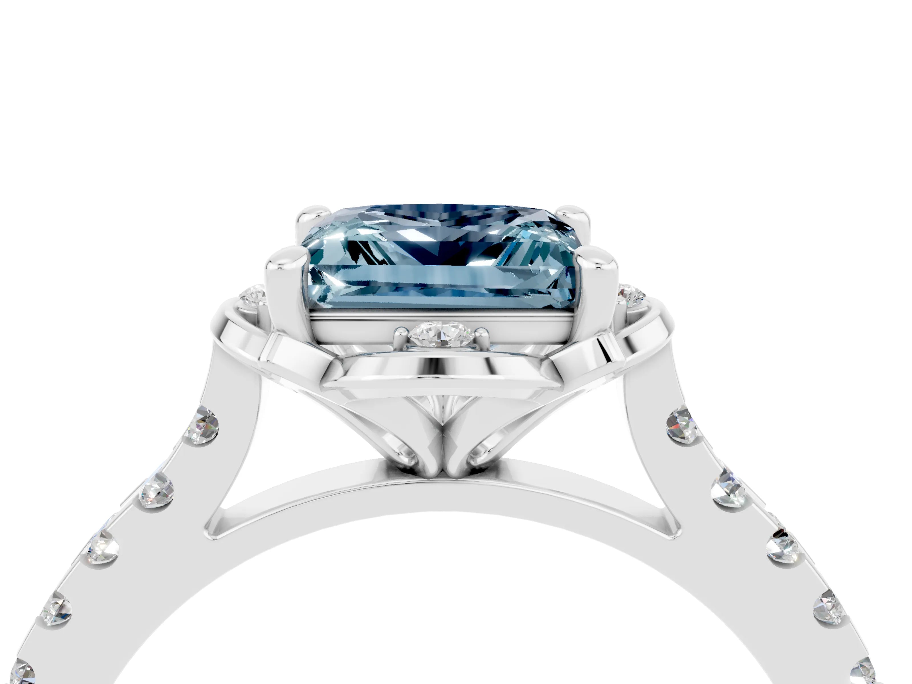 White gold Princess Cut Aquamarine Ring with Pavé Band and Floral Prong Setting_4
