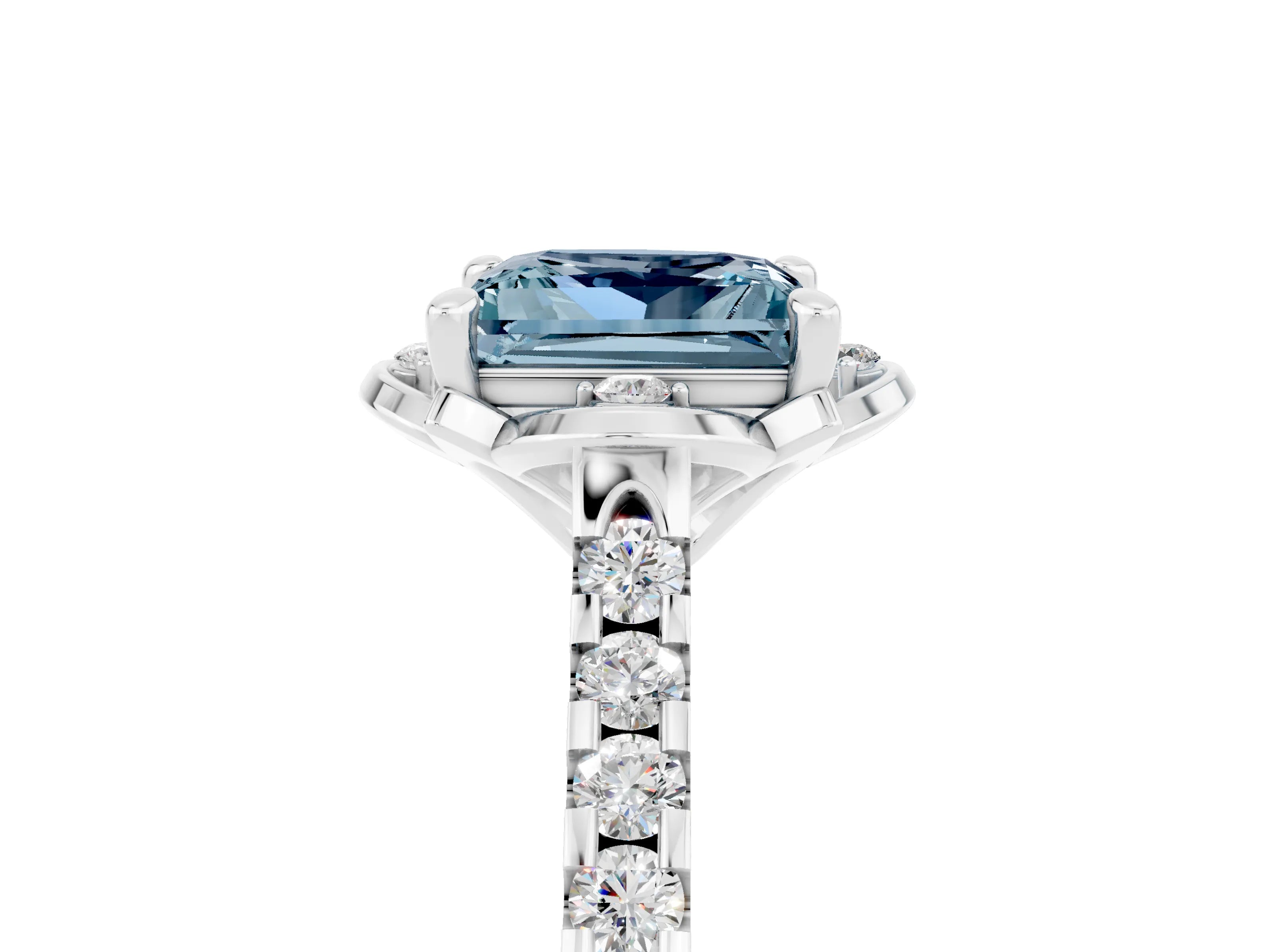 White gold Princess Cut Aquamarine Ring with Pavé Band and Floral Prong Setting_5