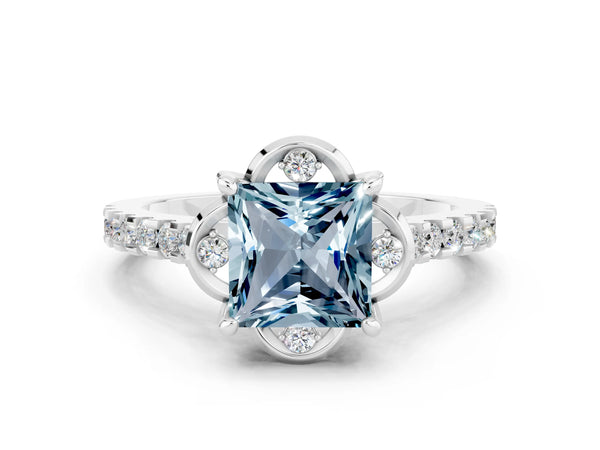 White gold Princess Cut Aquamarine Ring with Pavé Band and Floral Prong Setting