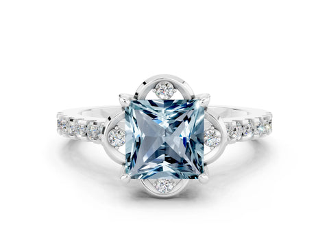 White gold Princess Cut Aquamarine Ring with Pavé Band and Floral Prong Setting