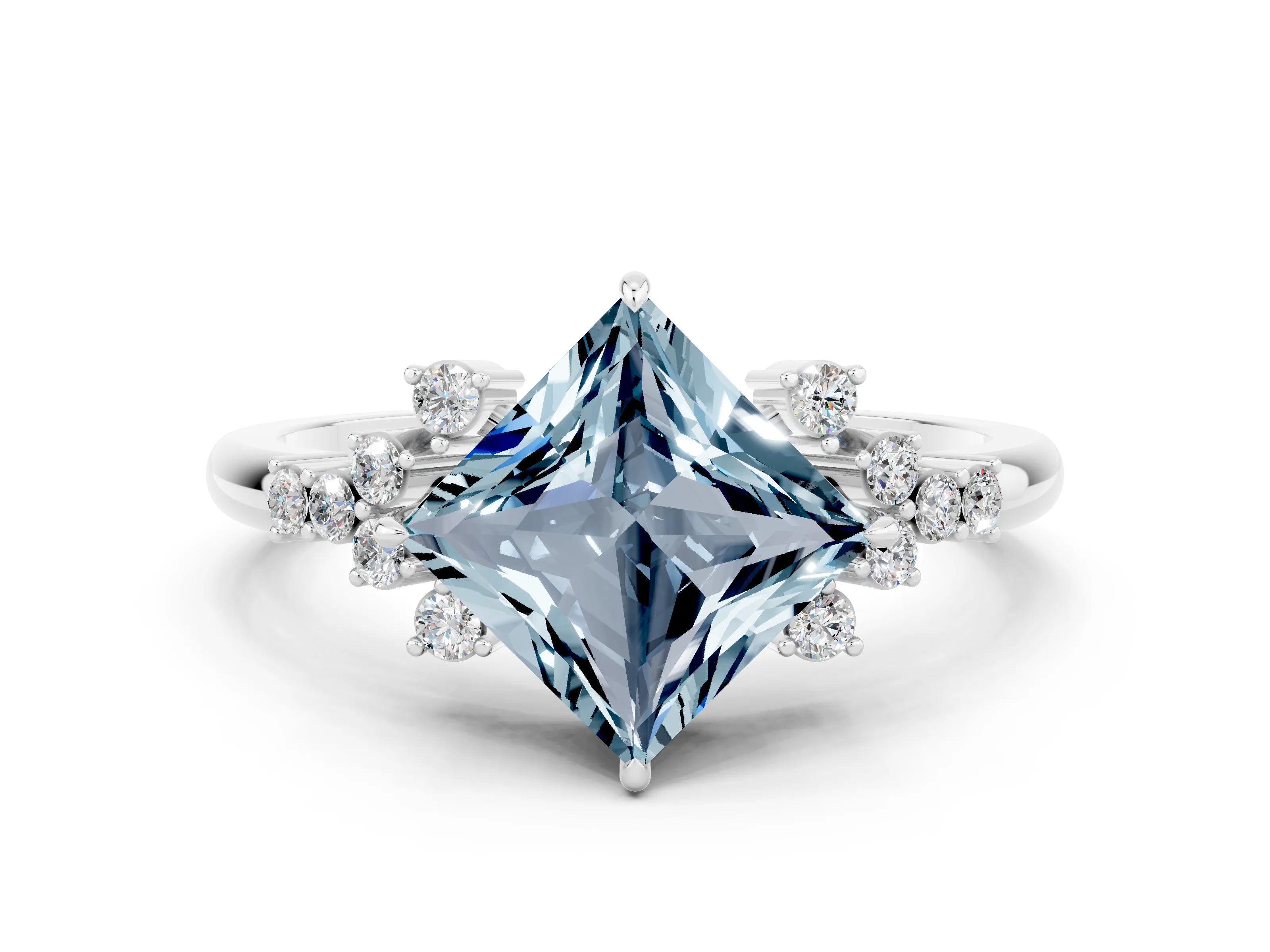 White gold Princess Cut Aquamarine Ring with Side Stones and Four-Prong Setting_36