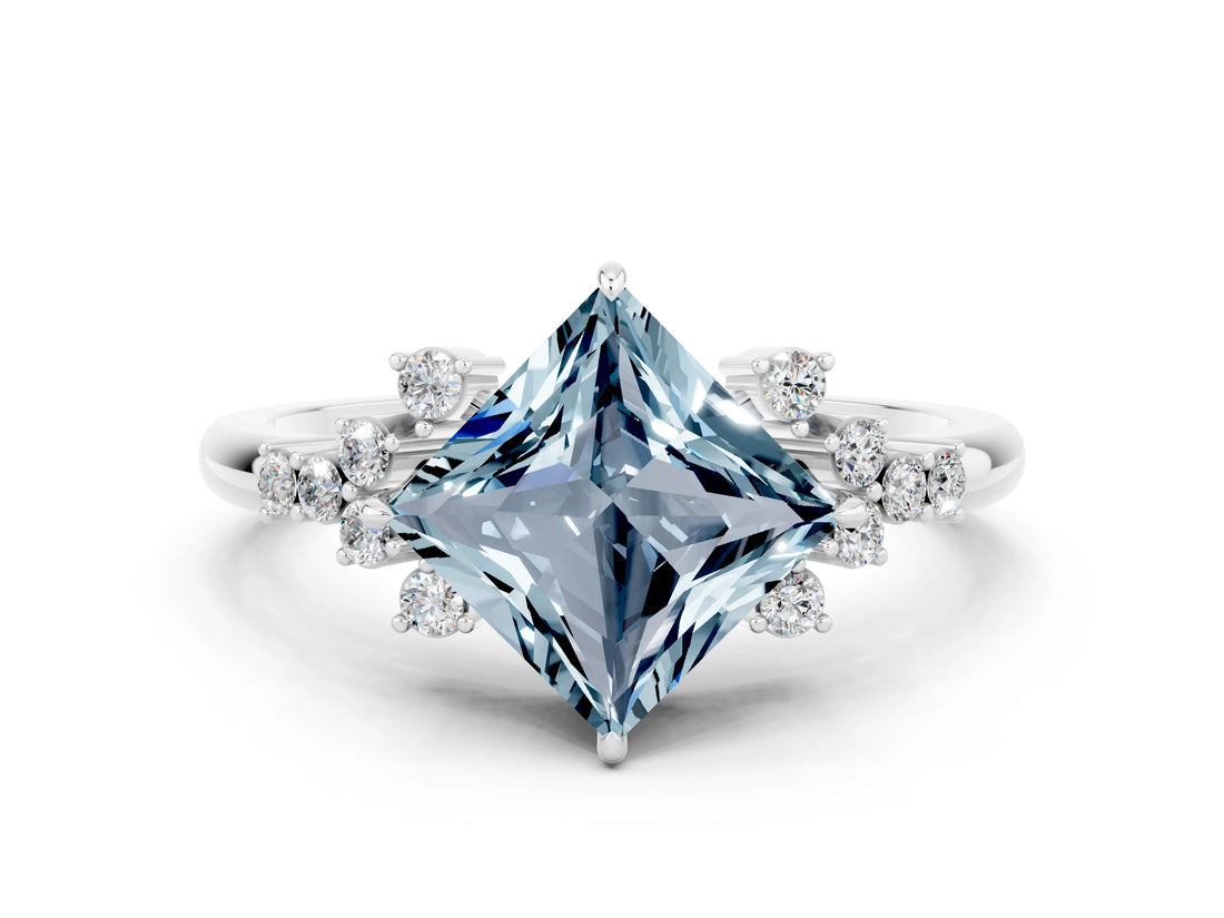 White gold Princess Cut Aquamarine Ring with Side Stones and Four-Prong Setting_36