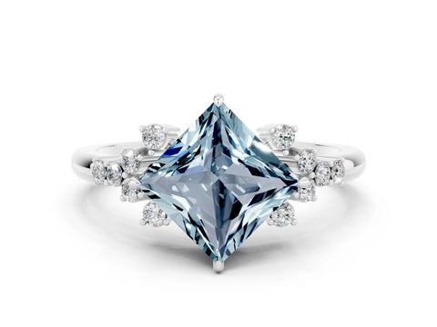 White gold Princess Cut Aquamarine Ring with Side Stones and Four-Prong Setting_36