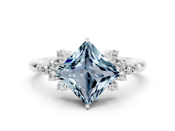 White gold Princess Cut Aquamarine Ring with Side Stones and Four-Prong Setting