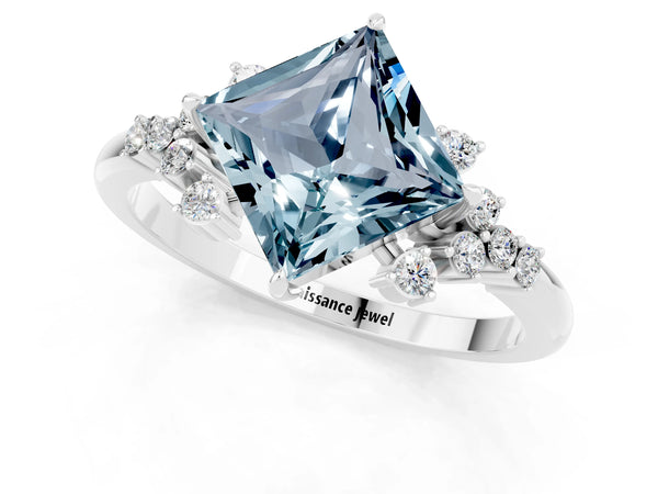 Platinum Princess Cut Aquamarine Ring with Side Stones and Four-Prong Setting