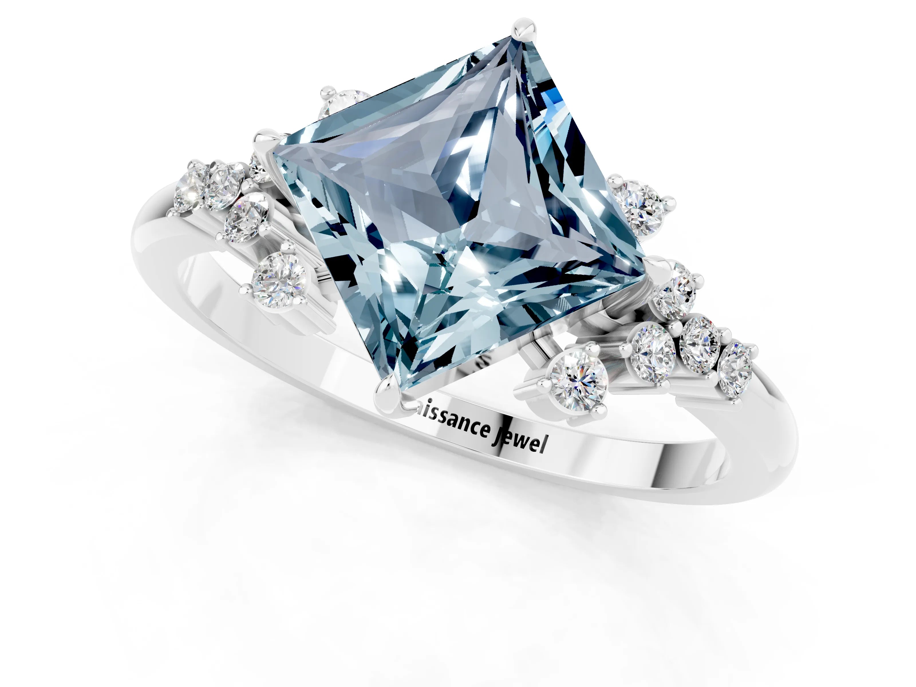 White gold Princess Cut Aquamarine Ring with Side Stones and Four-Prong Setting_37