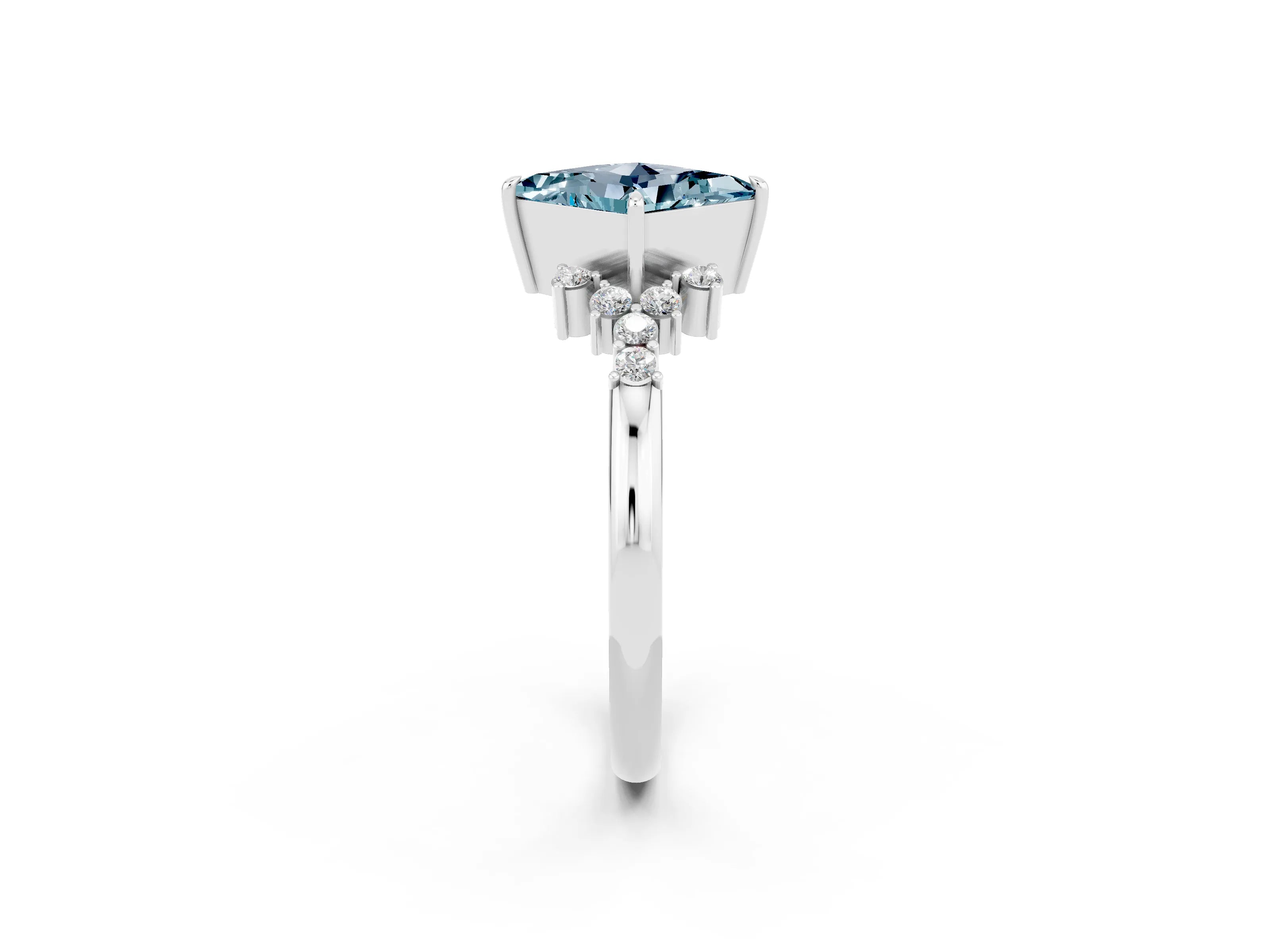 White gold Princess Cut Aquamarine Ring with Side Stones and Four-Prong Setting_38