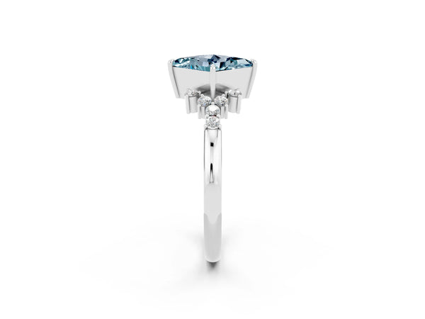 White gold Princess Cut Aquamarine Ring with Side Stones and Four-Prong Setting