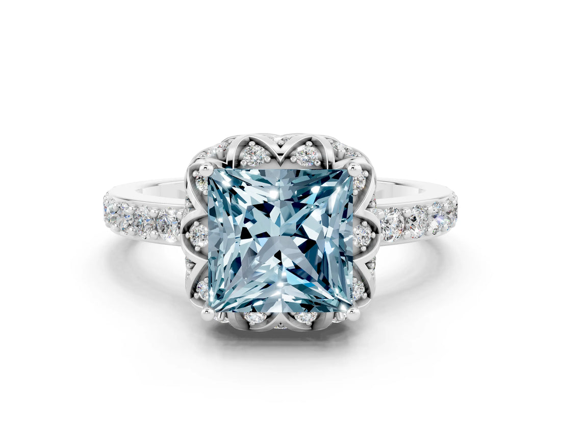 White gold Princess Cut Aquamarine Scalloped Halo Engagement Ring with Round Shared Prong Band_12