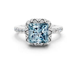White gold Princess Cut Aquamarine Scalloped Halo Engagement Ring with Round Shared Prong Band_12