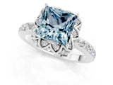 White gold Princess Cut Aquamarine Scalloped Halo Engagement Ring with Round Shared Prong Band_13
