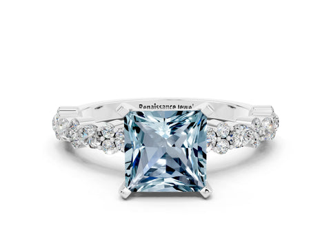 White gold Princess Cut Aquamarine Side Stone Solitaire Ring with Round  and Four-Prong Setting_48