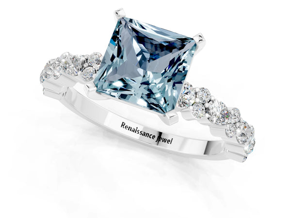 Silver Princess Cut Aquamarine Side Stone Solitaire Ring with Round  and Four-Prong Setting