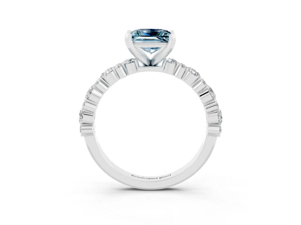 Silver Princess Cut Aquamarine Side Stone Solitaire Ring with Round  and Four-Prong Setting