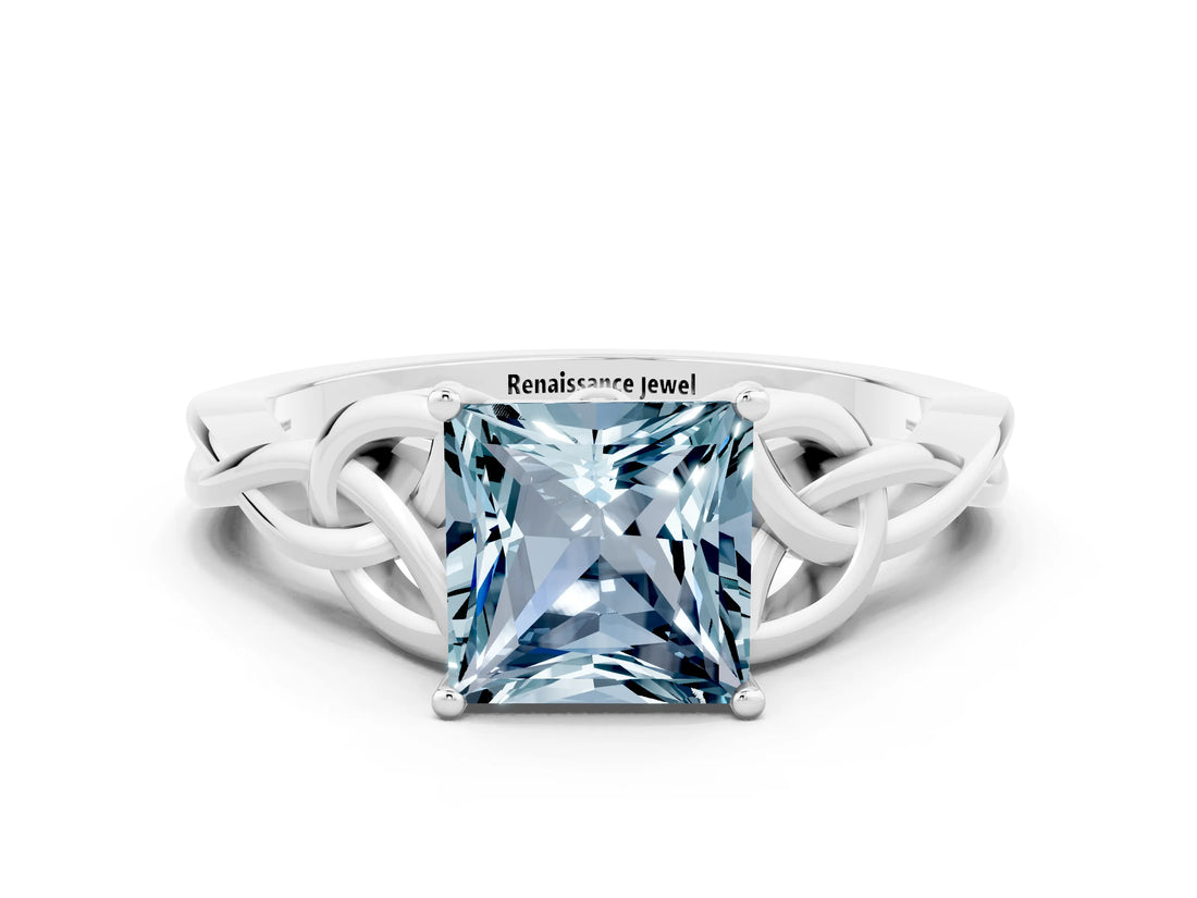 White gold Princess Cut Aquamarine Solitaire Celtic Knot Ring with Four-Prong Setting_12