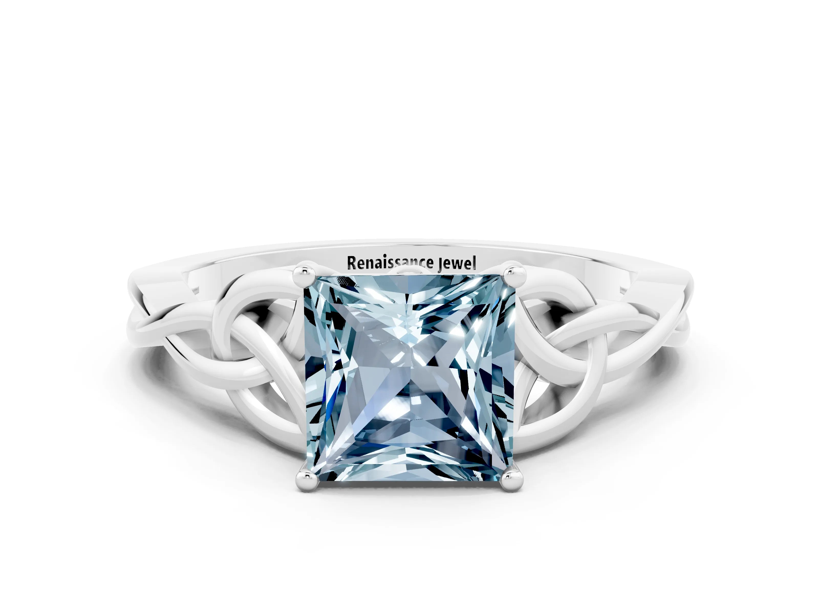 White gold Princess Cut Aquamarine Solitaire Celtic Knot Ring with Four-Prong Setting_12