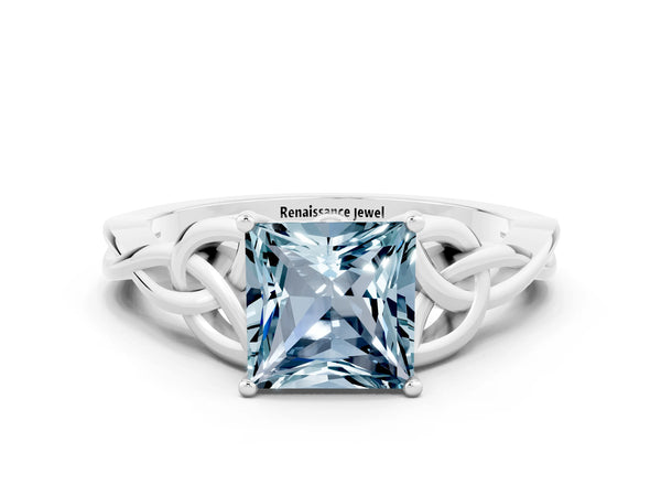 Silver Princess Cut Aquamarine Solitaire Celtic Knot Ring with Four-Prong Setting