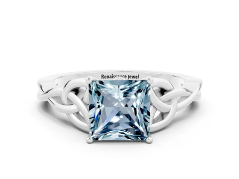 White gold Princess Cut Aquamarine Solitaire Celtic Knot Ring with Four-Prong Setting_12