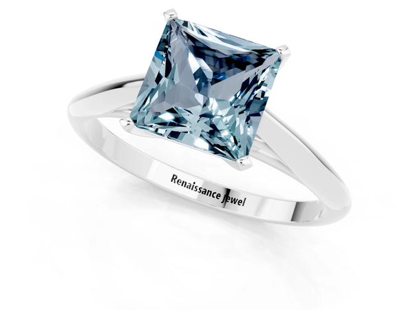 White gold Princess Cut Aquamarine Solitaire Engagement Ring with Cathedral Setting and Four-Prong Mount