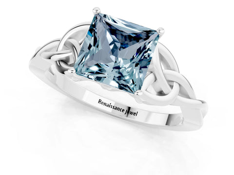 White gold Princess Cut Aquamarine Solitaire Engagement Ring with Celtic Knot Band and Four-Prong Setting_1