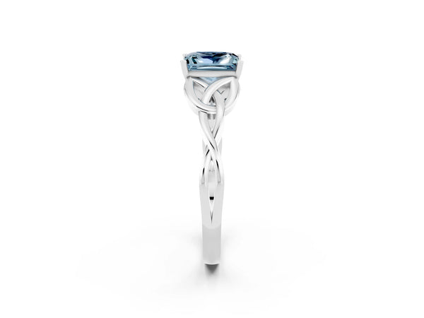 White gold Princess Cut Aquamarine Solitaire Engagement Ring with Celtic Knot Band and Four-Prong Setting