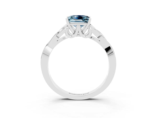 Silver Princess Cut Aquamarine Solitaire Engagement Ring with Celtic Knot Band and Four-Prong Setting