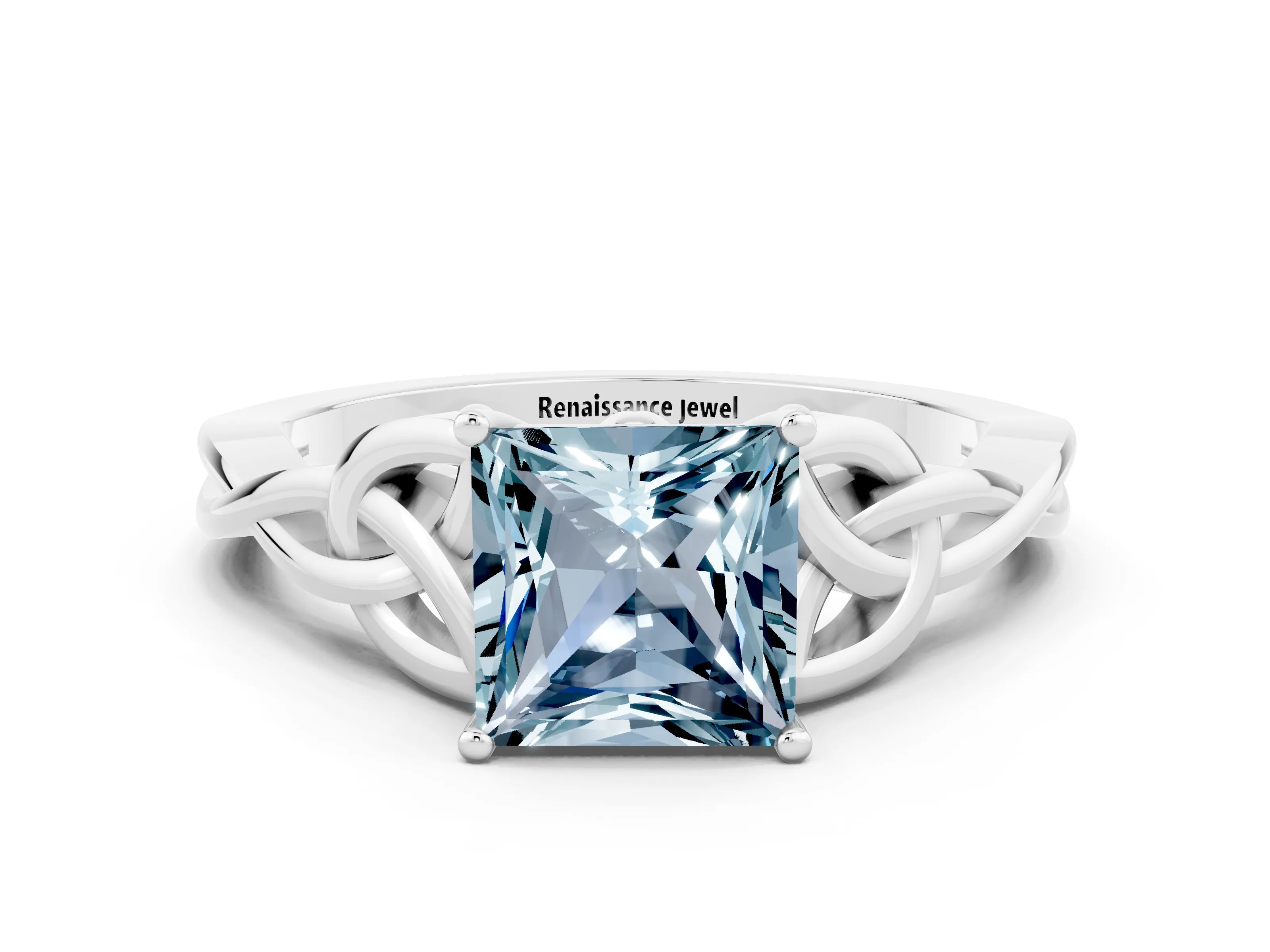 White gold Princess Cut Aquamarine Solitaire Engagement Ring with Celtic Knot Band and Four-Prong Setting