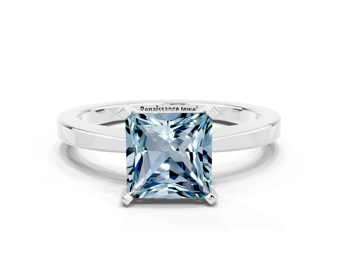 White gold Princess Cut Aquamarine Solitaire Engagement Ring with Classic Band and Four-Prong Setting_24