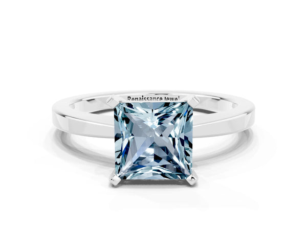 Silver Princess Cut Aquamarine Solitaire Engagement Ring with Classic Band and Four-Prong Setting