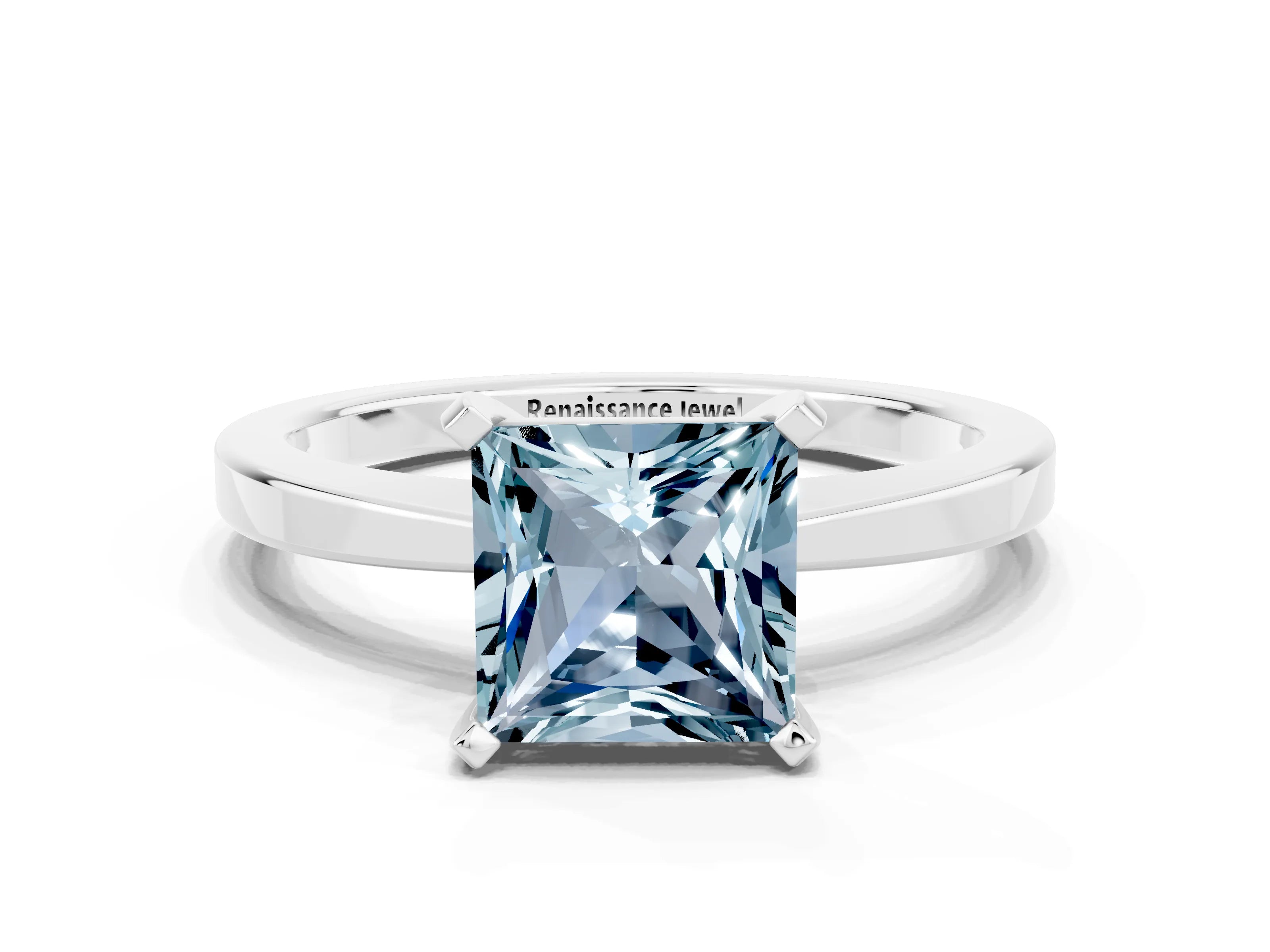 White gold Princess Cut Aquamarine Solitaire Engagement Ring with Classic Band and Four-Prong Setting_24